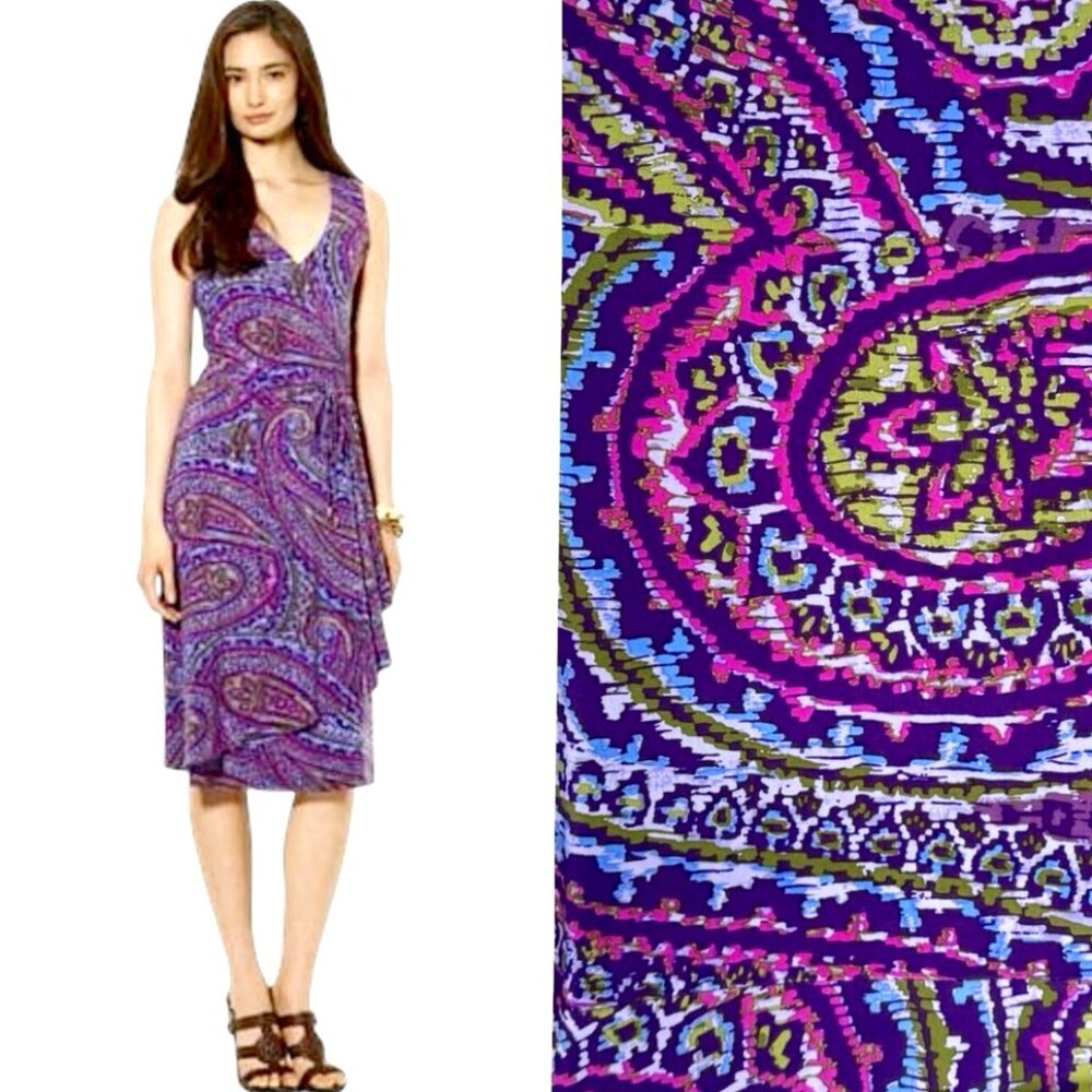 Lauren Ralph Lauren Purple Paisley Sheath Faux Wrap Sleeveless Dress Sz L NWT